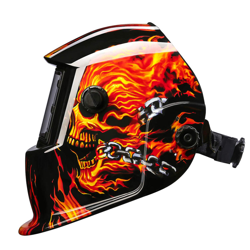  [AUSTRALIA] - DEKOPRO Welding Helmet Solar Powered Auto Darkening Hood with Adjustable Shade Range 4/9-13 for Mig Tig Arc Welder Mask Shield Flaming Skull Design