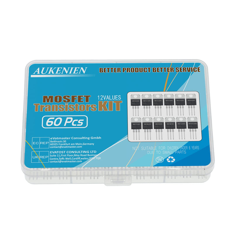  [AUSTRALIA] - AUKENIEN Mosfet Transistor Kit 12 Values 60 Pieces IRFZ44N IRF510N IRF520N IRF530N IRF540N IRF640N IRF740 IRF820 IRF830 IRF840 IRF3205 IRF9540N TO-220 Mosfet Transistors