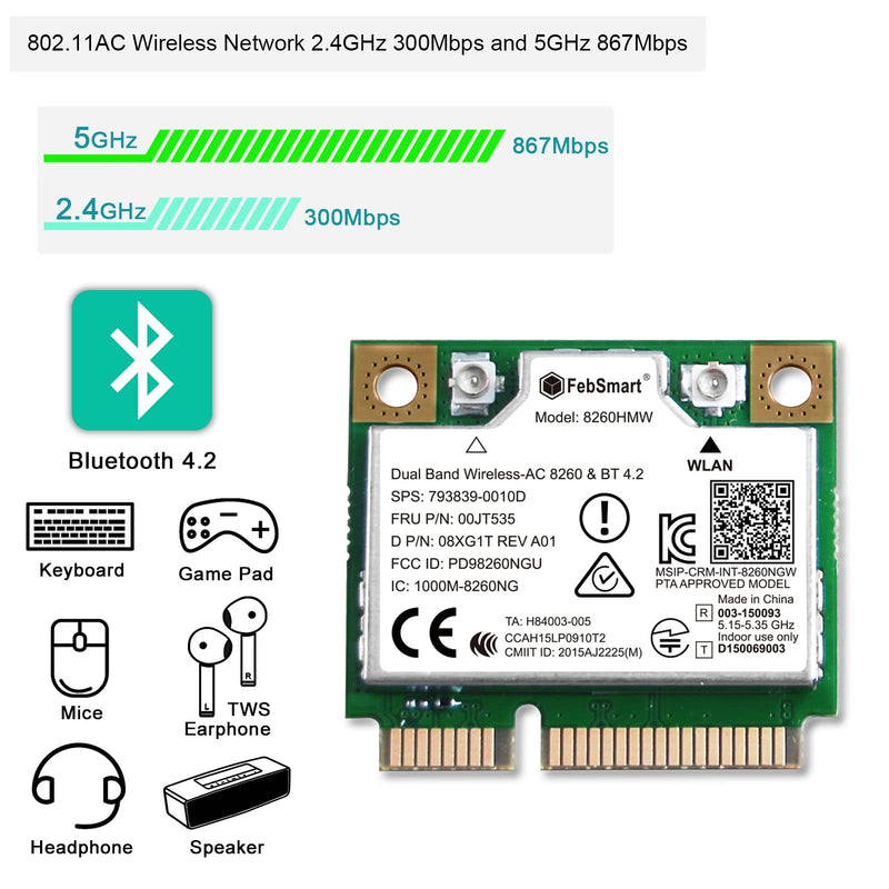  [AUSTRALIA] - FebSmart Mini PCIE WiFi Bluetooth Adapter, Wireless AC 1200Mbps (2.4GHz 300Mbps or 5G 867Mbps) with Bluetooth 4.2, for Windows 7(32/64bit),Windows 8.1, 10, 11 64bit, Wireless-AC 8260HMW