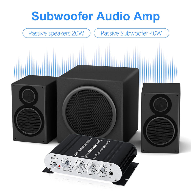  [AUSTRALIA] - ST-838 2.1CH Subwoofer Audio Amplifier RMS 20Wx2+40W Stereo Amplifier with Subwoofer Output Class D Mini Sub Bass Amp Digital Power Amplifier Receiver with AUX for Home,Car Speakers (Black)