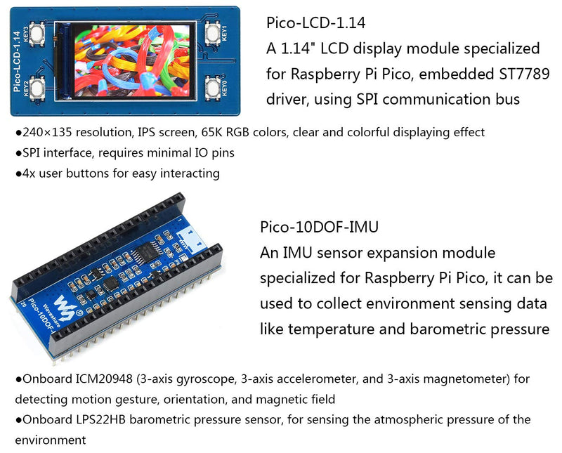  [AUSTRALIA] - Raspberry Pi Pico Evaluation Kit with Pico with Pre-Soldered Header + 1.14inch RGB Display LCD + 10-DOF IMU Sensor + Dual GPIO Expander Board + Breadboard (8 Items) Pico Kit-B