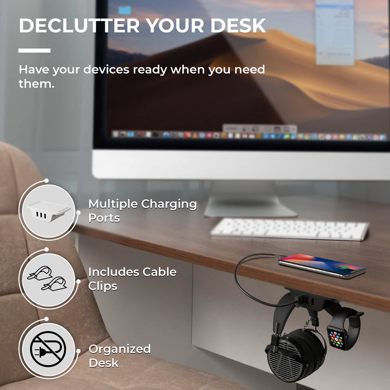  [AUSTRALIA] - HumanCentric Hook and Charge Headphone Hanger with USB Charger, Under Desk Headphone Mount + Headphone Stand, Charge Accessories with 3 USB A Ports, Hook Headphones on Headset Holder Desk Hook, Black