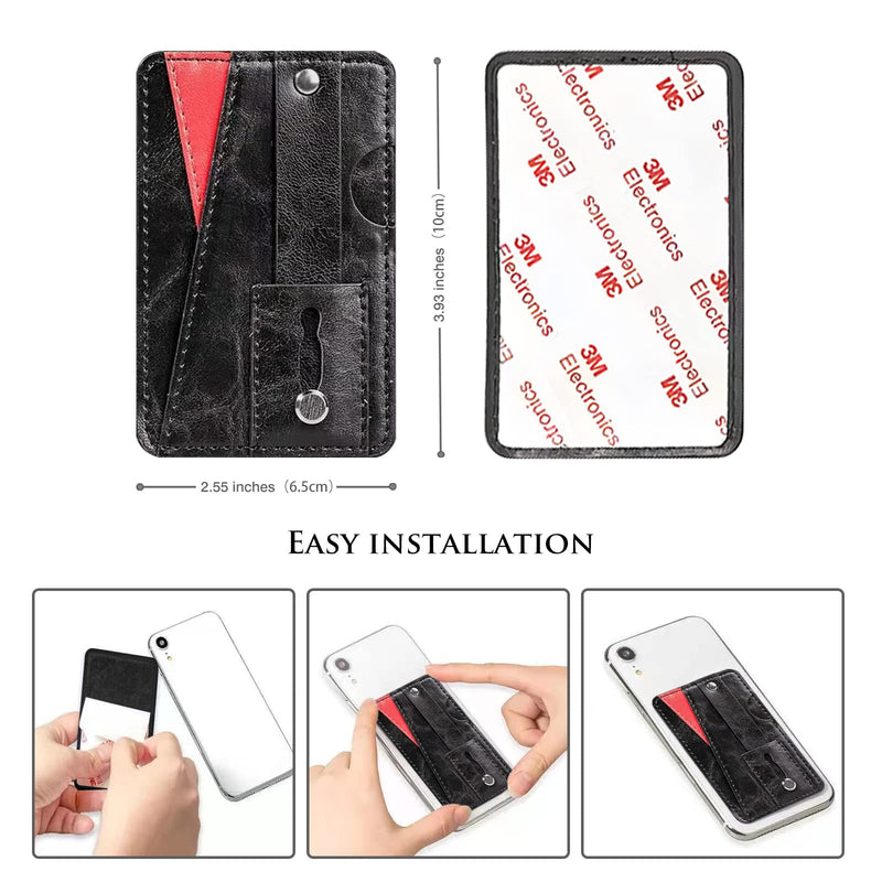  [AUSTRALIA] - Phone Card Holder, Dual Pockets Phone Wallet Stick On with Snap Closure Adhesive Phone Wallet Work with iPhone and Most Smartphones - Black Red Patchwork