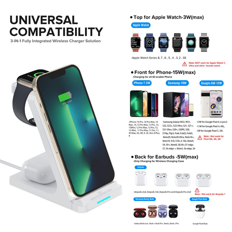  [AUSTRALIA] - Wireless Charging Station, 3 in 1 Fast Wireless Charger Stand for Multiple Devices Apple Watch Series 8 7 6 SE 5 4 3 2, iPhone 14 13 12 11 Pro Max/14 Plus/Mini/X/XS/XS Max/XR/SE, Airpods Pro 2 3