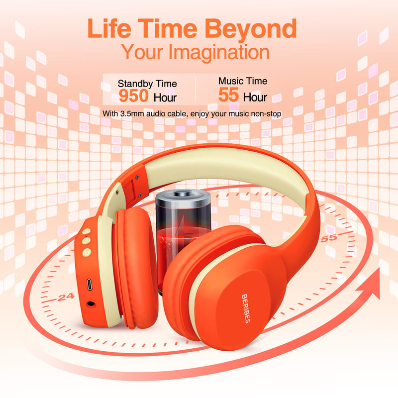  [AUSTRALIA] - BERIBES Kids Headphones, [Vibrant Orange] 55H Playtime Immersive HD Stereo Comfortable Fit Kids Bluetooth Headphones, Built-in Mic Kids Wireless Headphones for School, Cellphone, Tablet, Travel Vibrant Orange