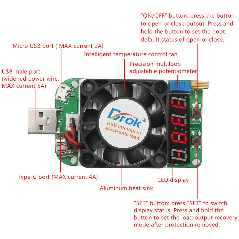  [AUSTRALIA] - USB Load Tester, DROK Electronic Load Test Resistor Module 25W LD25 USB and Type C Interface Discharge Adjustable Constant Current 0.25A-4A Intelligent Temperature Control with Cooling Fan