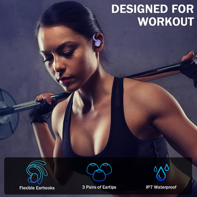  [AUSTRALIA] - Wireless Earbuds Bluetooth 5.3 Headphones Sport, Bluetooth Earbuds Immersive HiFi Stereo Over Ear Buds, 48Hrs Earphones in Ear with Earhooks, HD Mic, IP7 Waterproof Headset for Workout Running [2023] Purple