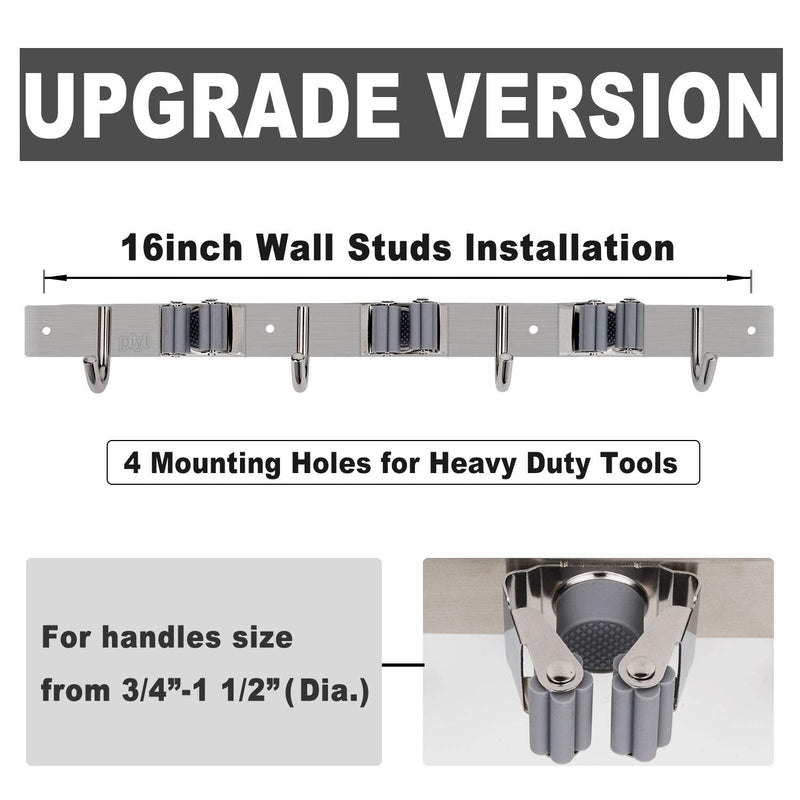  [AUSTRALIA] - Mop Broom Holder Heavy Duty Hooks Hanger Wall Mount 17” Stainless Steel Organizer for Home Laundry Bathroom Kitchen Garage Garden Utility Tools Rack Storage Durable Piyl 3 Racks 4 Hooks Brushed Steel