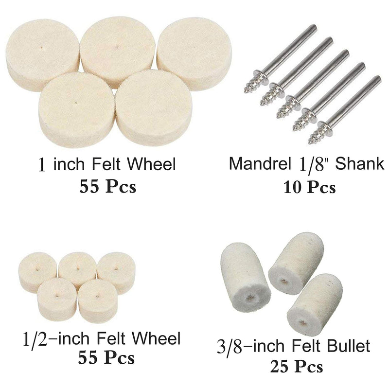  [AUSTRALIA] - Felt Polishing Buffing Wheel 145Pcs Wool Felt Polishing Pad Wheel Professional Accessories, Point & Mandrel 1/8" Shank Kit for Dremel Rotary Tools