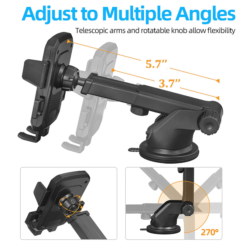  [AUSTRALIA] - SALEX Universal Windshield Phone Mount. Telescopic Suction Cup Cell Phone Mount for Car Dashboard, Air Vent, Desk. Black Rotating Smartphone Bracket. Adjustable Car Cradle for Mobile Phone & GPS.