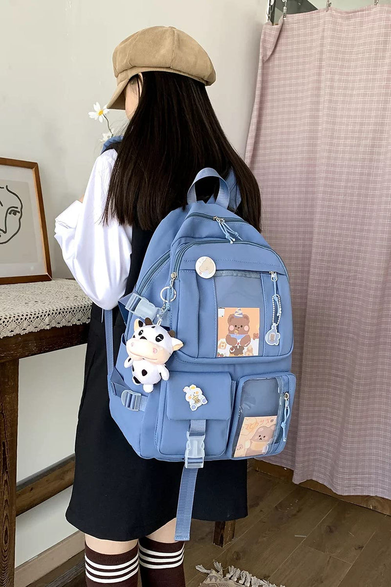  [AUSTRALIA] - Kawaii Backpack with Pins Kawaii School Backpack Cute Aesthetic Backpack Cute Kawaii Backpack for School (Blue,With Accessories) With Accessories Blue