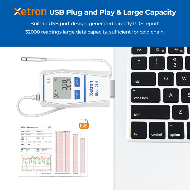  [AUSTRALIA] - Xetron Elog10EH Temperature Logger 32000 Point, Data Logger Humidity Meter with External Sensor, Data Logger PDF Export for Data Analysis Temperature Measuring Range -30~70°C