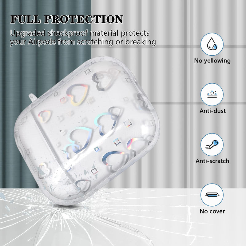  [AUSTRALIA] - Newseego Compatible with Airpods 1&2 Case,[Fashion Clear Laser Colorful Glitter Love Heart Design] Clear Soft TPU Cover with Silver Keychain Shockproof Protective Headphones Case for Girls Women