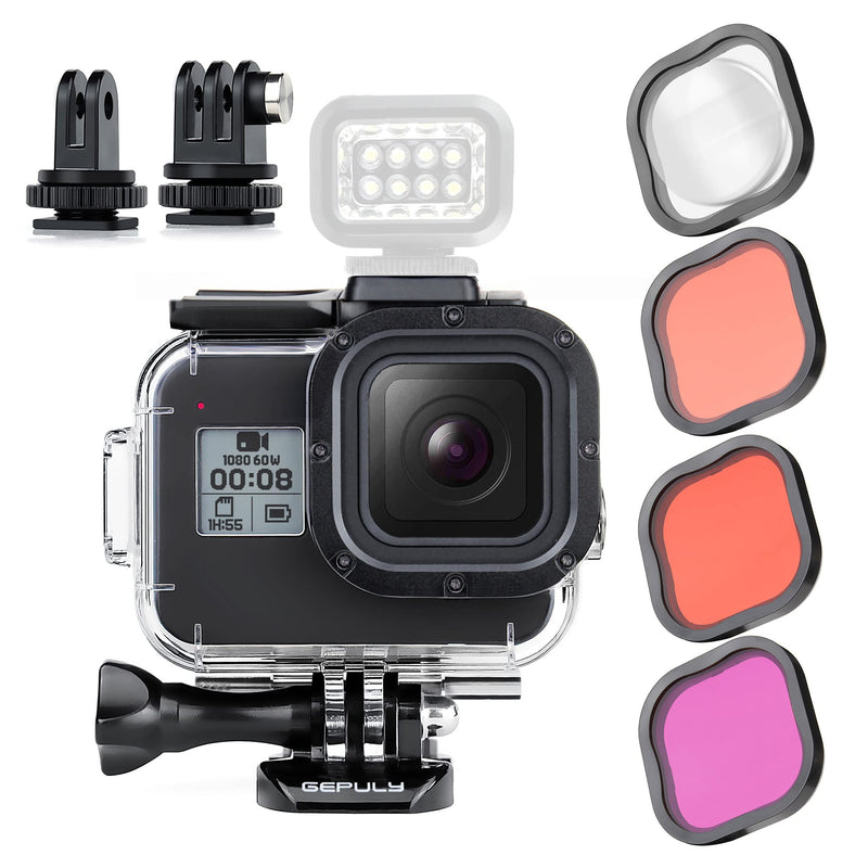  [AUSTRALIA] - GEPULY Waterproof Case for GoPro Hero 8 Black with 4-Pack Dive Filter, 60M Underwater Diving Housing Case with Red, Light Red, Magenta, Close-up Filters for GoPro Hero 8 Black Camera Housing Case+Filters for Hero 8 Black