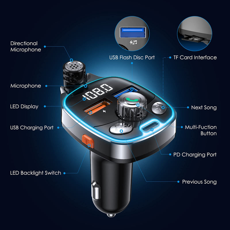  [AUSTRALIA] - Criacr (Upgraded Version) Bluetooth FM Transmitter for Car, Wireless Bluetooth FM Transmitter Radio Dual-Port QC3.0+PD 18W Fast Charger with Hands-Free Calling for All Smartphones