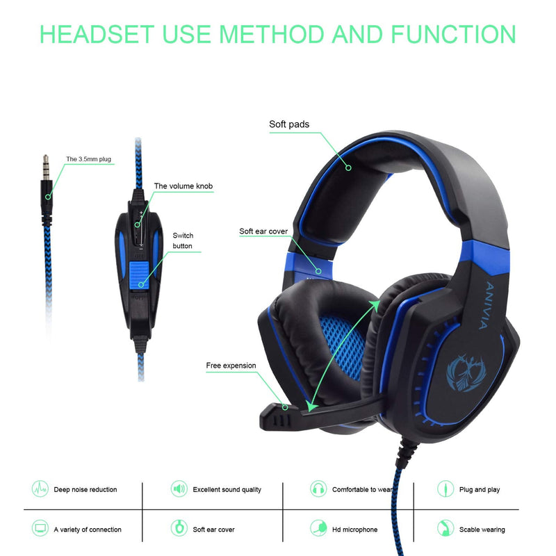  [AUSTRALIA] - Anivia Gaming Headset with Microphone, Lightweight Soft Comfortable Noise Canceling Mic Over Ear Headphones for PS4 PC Xbox One Laptop Mac Mobile & PC with 3.5mm - Blue Blue Black