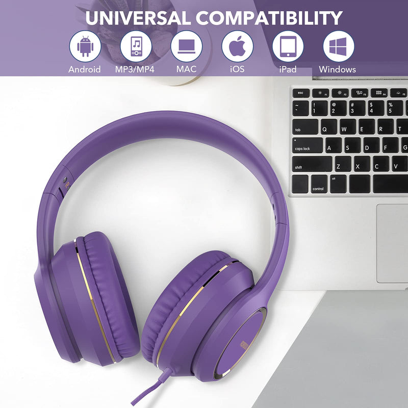  [AUSTRALIA] - RORSOU R8 On-Ear Headphones with Microphone, Lightweight Folding Stereo Bass Headphones with 1.5M No-Tangle Cord, Portable Wired Headphones for Smartphone Tablet Computer MP3 / 4 (Pruple) Purple
