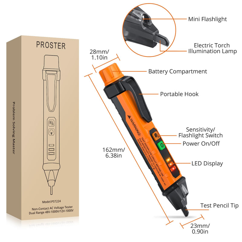  [AUSTRALIA] - Proster Non-Contact Voltage Tester with Dual Range 12-1000V/48-1000V Adjustable Sensitivity AC Voltage Tester Pen & LED Flashlight