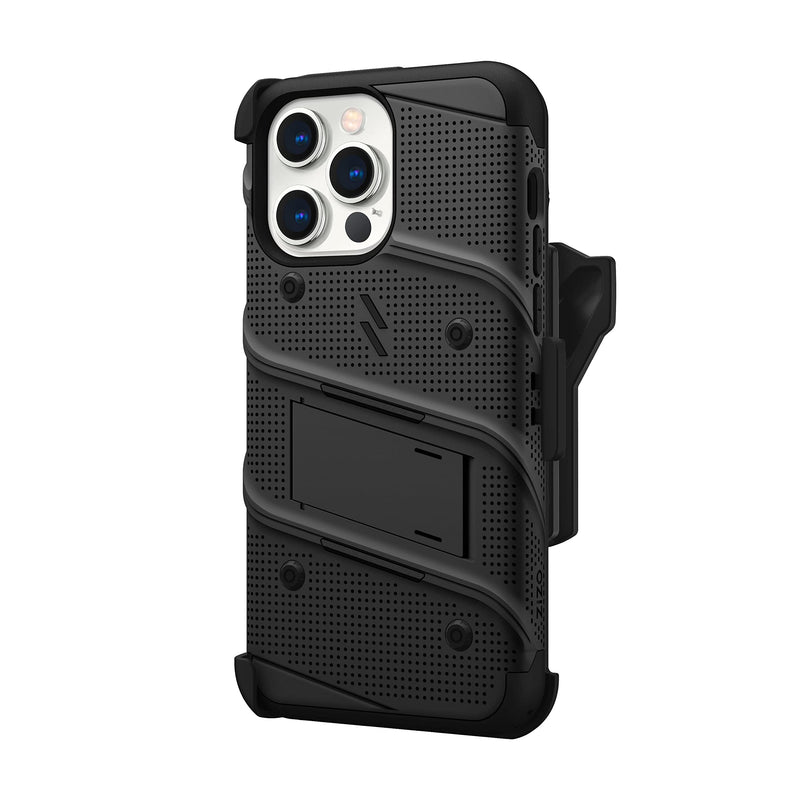  [AUSTRALIA] - ZIZO Bolt Bundle for iPhone 14 Pro Max (6.7) Case with Screen Protector Kickstand Holster Lanyard - Black Black/Black