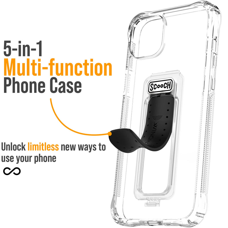  [AUSTRALIA] - Scooch iPhone 14 Plus Case with Stand, Phone Grip, and Car Vent Mount [Wingman] with $100 Device Coverage, Military Grade Drop Protection, Three-Way Kickstand, Works w/Magnetic Car Mounts (Clear) Clear