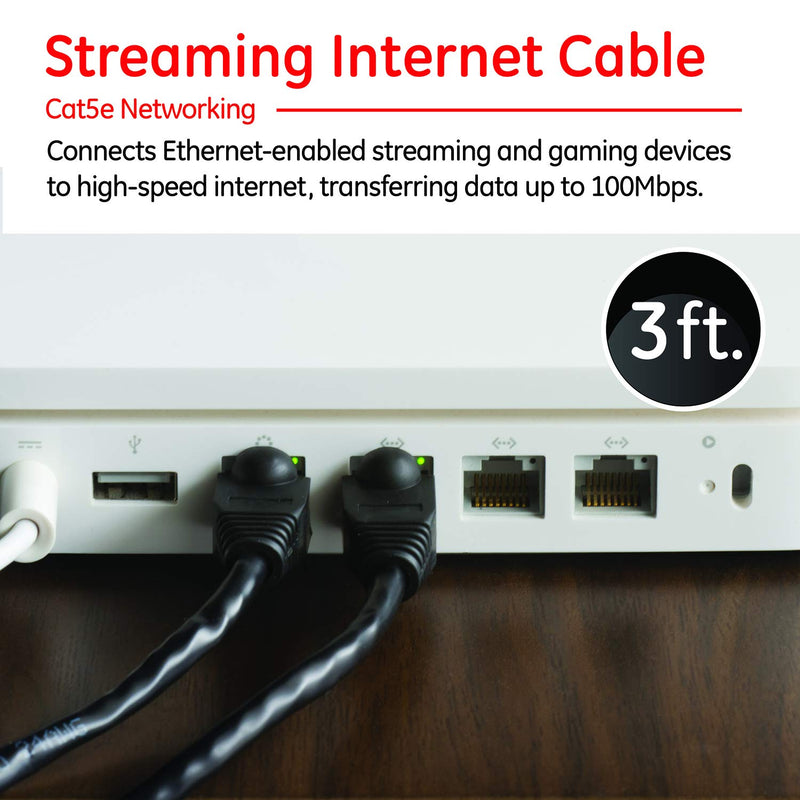  [AUSTRALIA] - GE Cat5E Ethernet Cable, 3ft Ethernet Cable, Up to 100Mbps, Rated 100 Mhz, UTP, For High Speed Internet Devices, Streaming Devices, Routers, RJ45 Connectors, for Home or Office, Black, 33762 3 Feet
