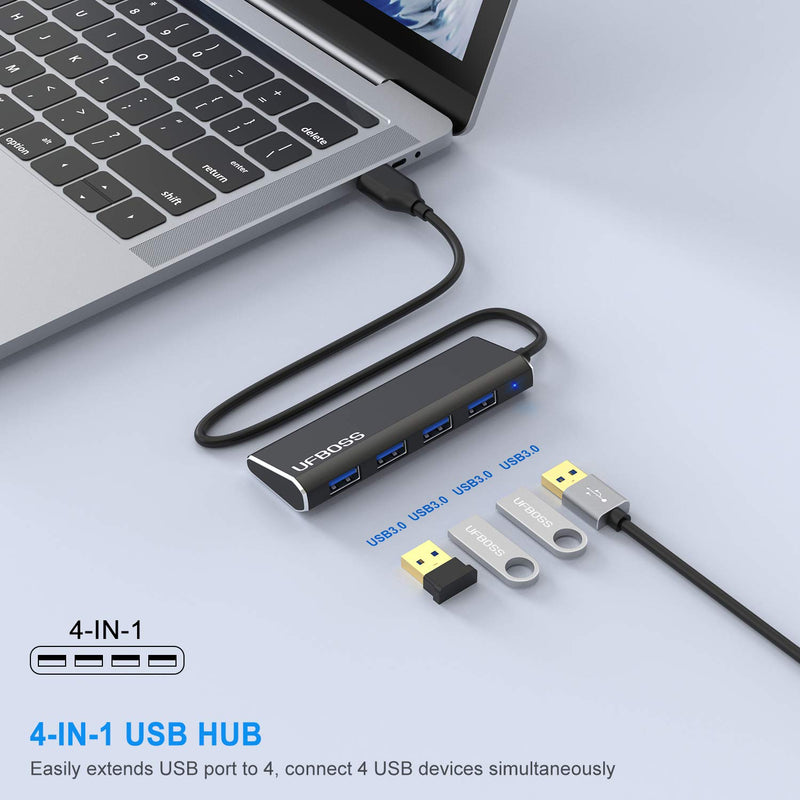 UFBOSS 4-Port 3.0 Hub, Ultra Slim Portable Data Hub in Aluminum with 1ft USB 3.0 Cable for MacBook, Mac Pro/Mini, iMac, XPS, Surface Pro, PC, USB Flash Drives, HDD, and More - LeoForward Australia