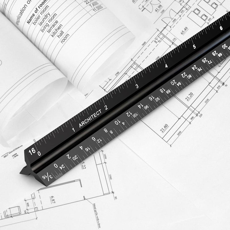  [AUSTRALIA] - 12" Architectural Scale Ruler Aluminum Architect Scale Triangular Scale Ruler for Architects, Draftsman, Students and Engineers, Black