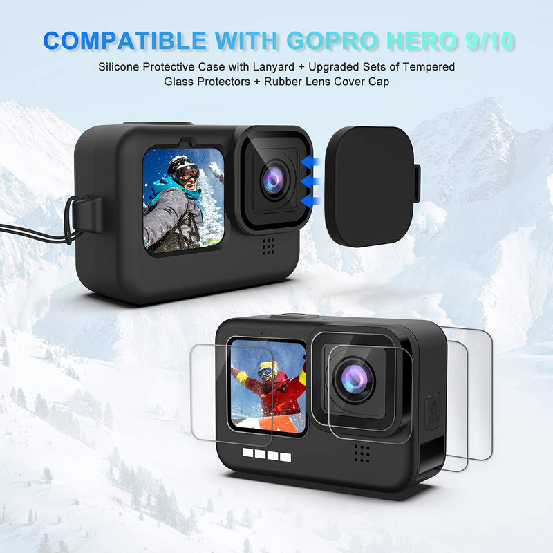  [AUSTRALIA] - Accessories Kit for GoPro Hero 10/9 Black, Silicone Sleeve Protective Case with Rubber Cap + 6Pcs Tempered Glass Screen Protector with Lens Cover Cap for GoPro Hero 10/9