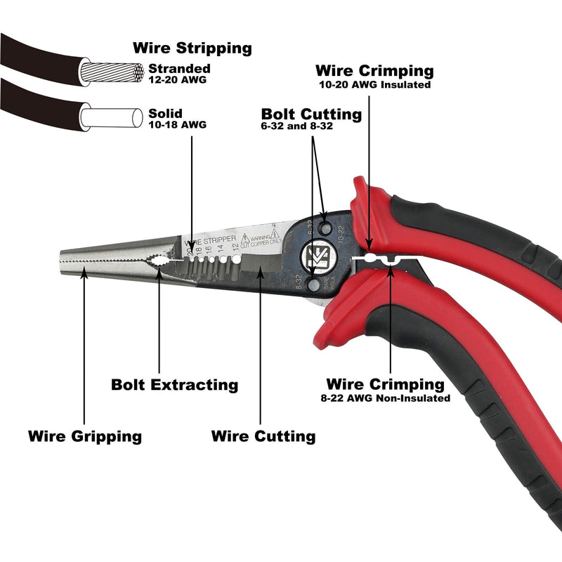  [AUSTRALIA] - KAIFNT K602 Ergonomic 6-In-1 Combination Wire Service Tool, Stripping Crimping and Gripping Pliers, 8" Electrician Pliers