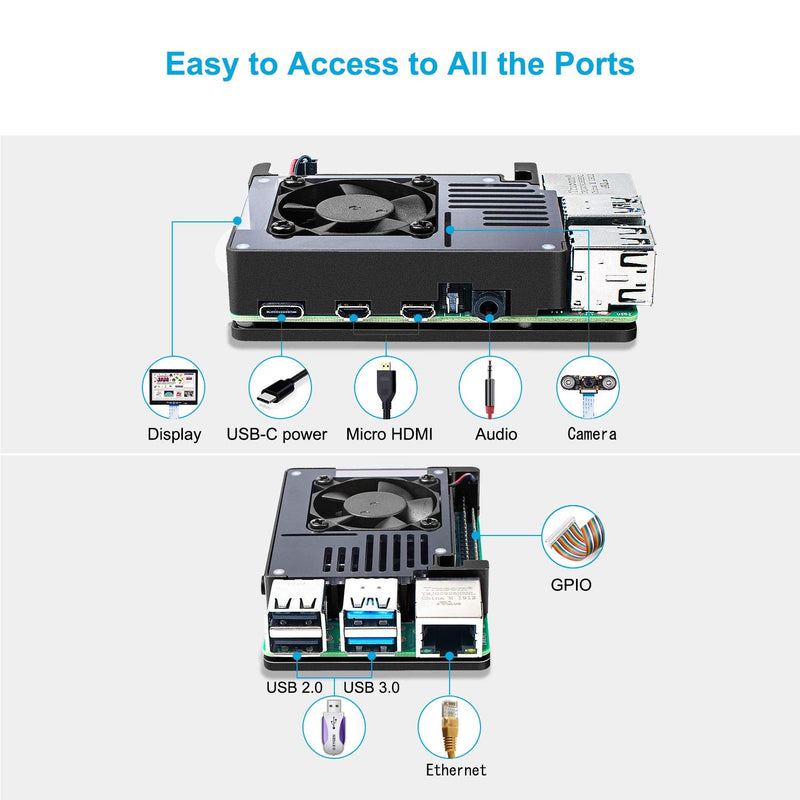  [AUSTRALIA] - Smraza Raspberry Pi 4 Case, Metal Case for Raspberry Pi 4 Model B with Cooling Fan 35MM, Pi 4B Case Aluminum Alloy Enclosure with 4 PCS Heatsinks Pillar Thermal Adhesive Black (RPI Board Not Included)