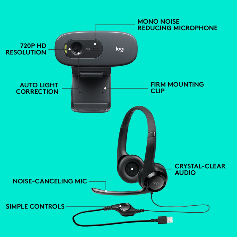  [AUSTRALIA] - Logitech USB Headset H390 with Noise Cancelling Mic & C270 Desktop or Laptop Webcam, HD 720p Widescreen for Video Calling and Recording