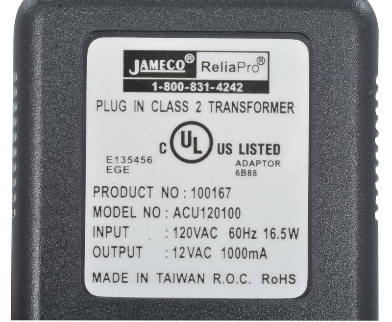  [AUSTRALIA] - Jameco Reliapro ACU120100D0531 AC to AC Wall Adapter Transformer 12V @ 1000 mA Straight 2.5 mm Female Plug, Black - 100167