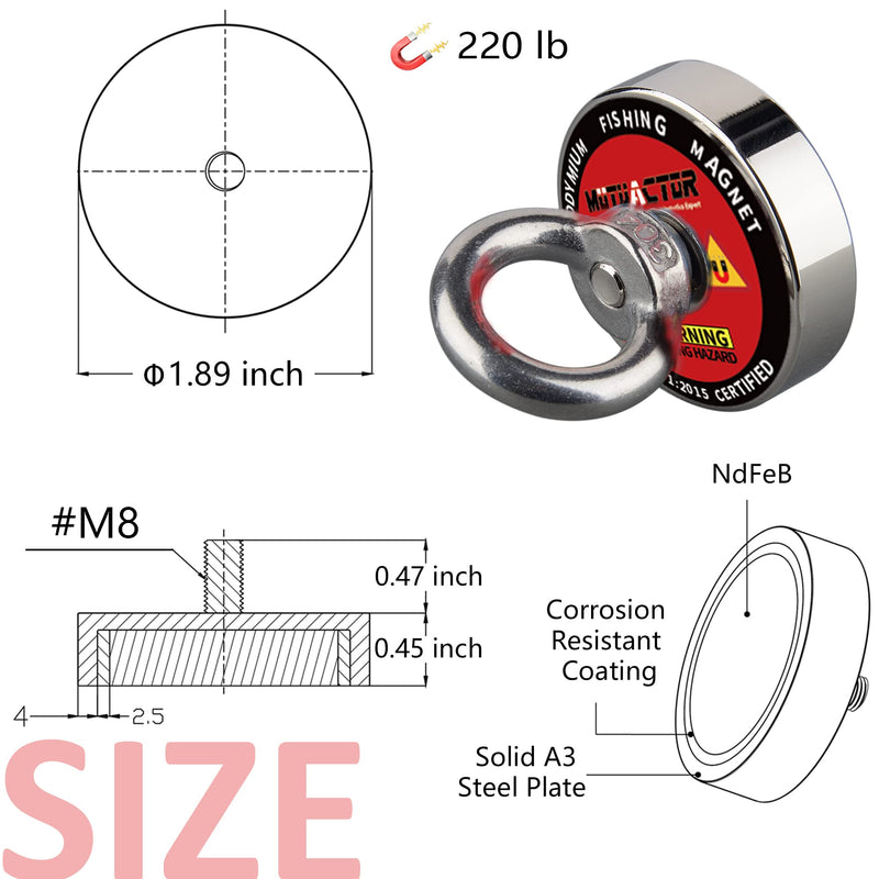  [AUSTRALIA] - MUTUACTOR 220lb Neodymium N52 Magnet Super Strong Powerful Circular Ring Salvage Fishing NdfeB Round C48L Magnet,Powerful Magnets for Fishing and Magnetic Recovery Salvage 220lbs Fishing Magnet Kit