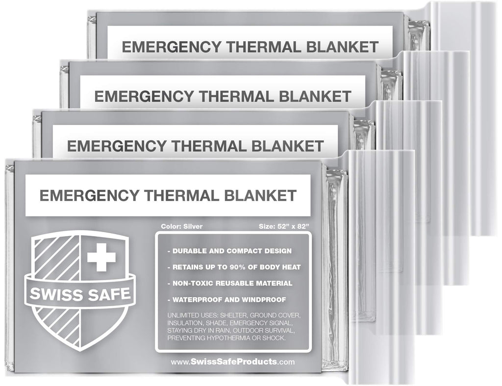  [AUSTRALIA] - Swiss Safe Emergency Mylar Thermal Blankets + Bonus Gold Foil Space Blanket. Designed for NASA, Outdoors, Survival, First Aid, Silver, 4 Pack