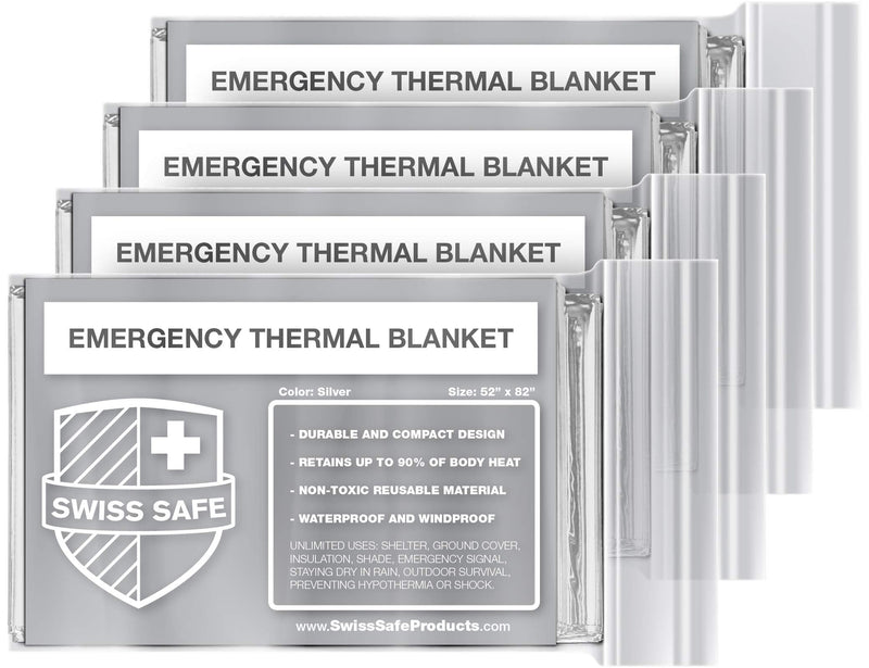  [AUSTRALIA] - Swiss Safe Emergency Mylar Thermal Blankets + Bonus Gold Foil Space Blanket. Designed for NASA, Outdoors, Survival, First Aid, Silver, 4 Pack