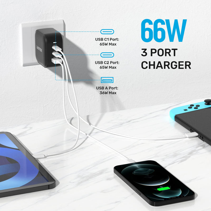  [AUSTRALIA] - Unitek USB C Charger, 3 Ports 66W GaN Fast Wall Charger with PD Charging, Dual Type-C Power Adapter Compatible with MacBook Air/iPhone 13/Pro/Max, Galaxy S21/S20, Oneplus, iPad, and More