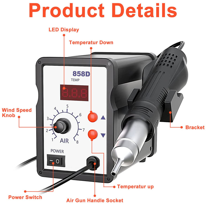  [AUSTRALIA] - 858D hot air soldering station, techextra hot air soldering device, rework station LED digital display 100-480°C, 700W hot air soldering station with 3 hot air dryer mouthpieces for BGA, SOIC, CHIP, QFP, PLCC SMD 858D