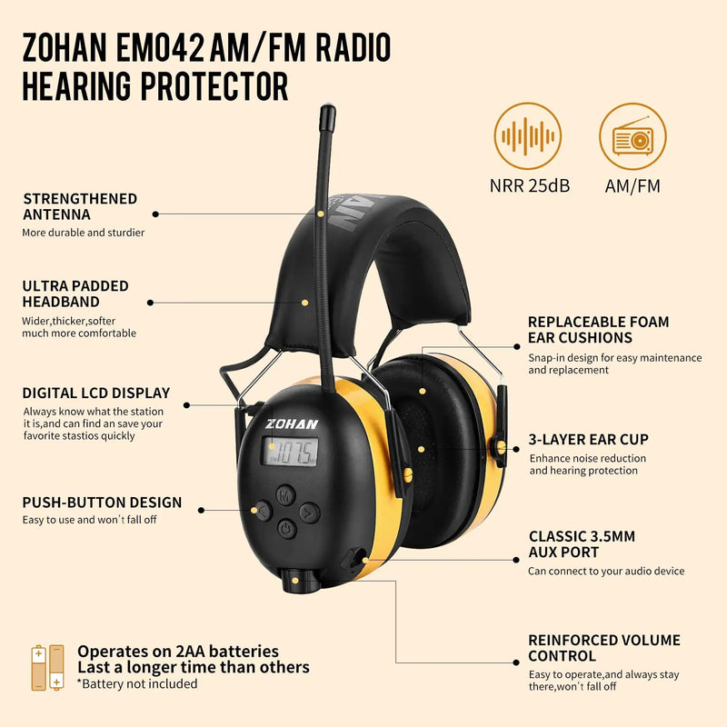  [AUSTRALIA] - ZOHAN EM042 AM/FM Radio Headphone with Digital Display,Ear Protection Noise Reduction Safety Ear Muffs,Ultra Comfortable Hearing Protector for Lawn Mowing and Landscaping - Yellow Em042 Yellow