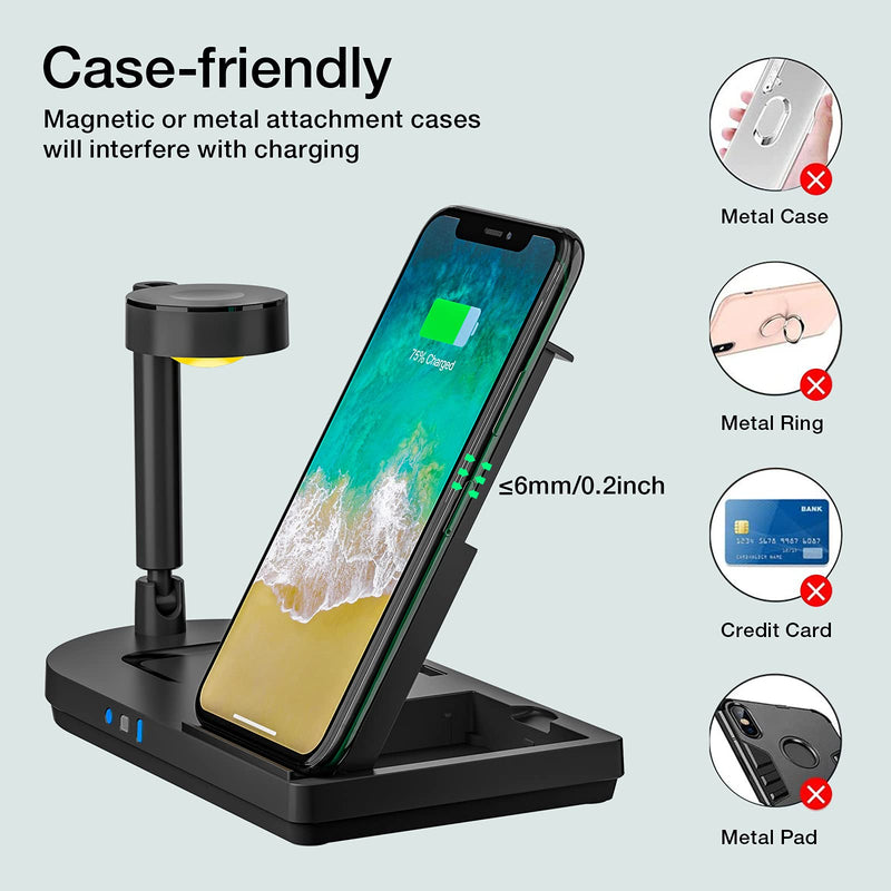 Upgraded Wireless Charging Station, 4 in 1 Qi-Certified 15W Fast Charging Dock with Bedside Lamp, Compatible for iPhone 12/11 Series, AirPods, Apple Watch Series SE/6/5/4/3/2/1 (Black) Black - LeoForward Australia