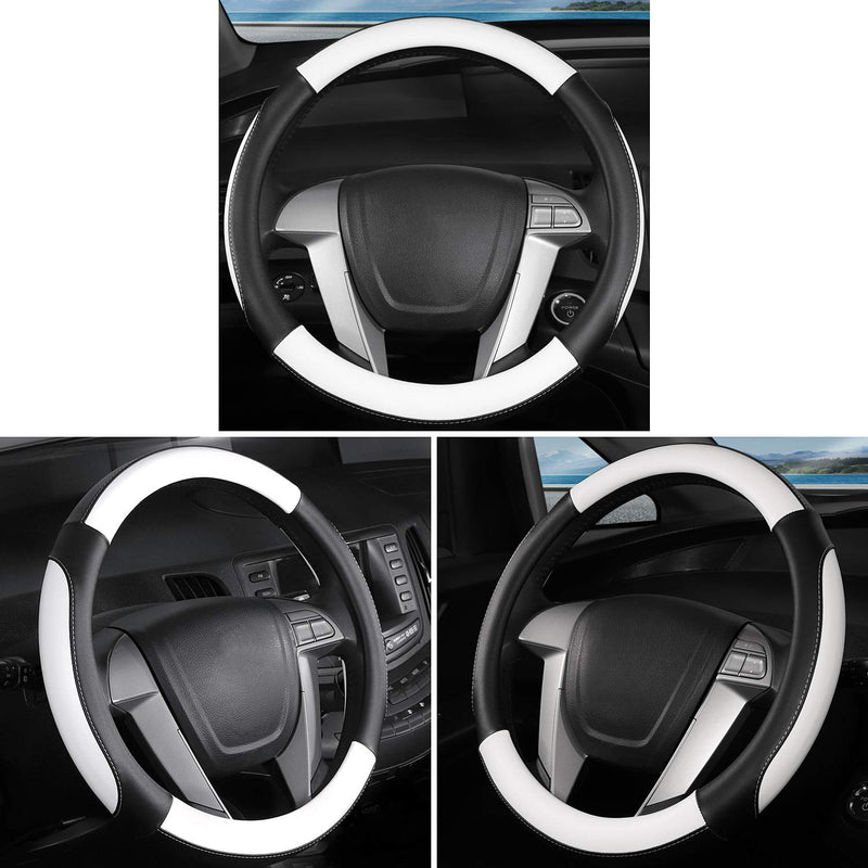 SEG Direct Car Steering Wheel Cover Small-Size for Prius Civic Model 3 Camaro Spark Rogue Mini Smart Audi with 14 inches-14 1/4 inches Outer Diameter, White Mirofiber Leather Small size[14''-14 1/4''] Black and White - LeoForward Australia