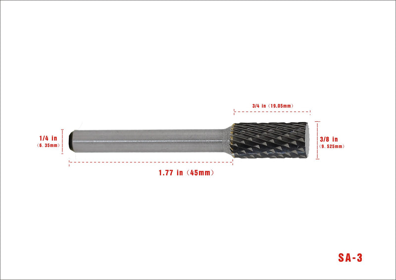 YUFUTOL SA-3 Tungsten Carbide Burr Cylinder Shape Double Cut Rotary Burr File(3/8” Cutter dia X 3/4”Cutter Length) with 1/4’’ Shank dia,1pcs - LeoForward Australia