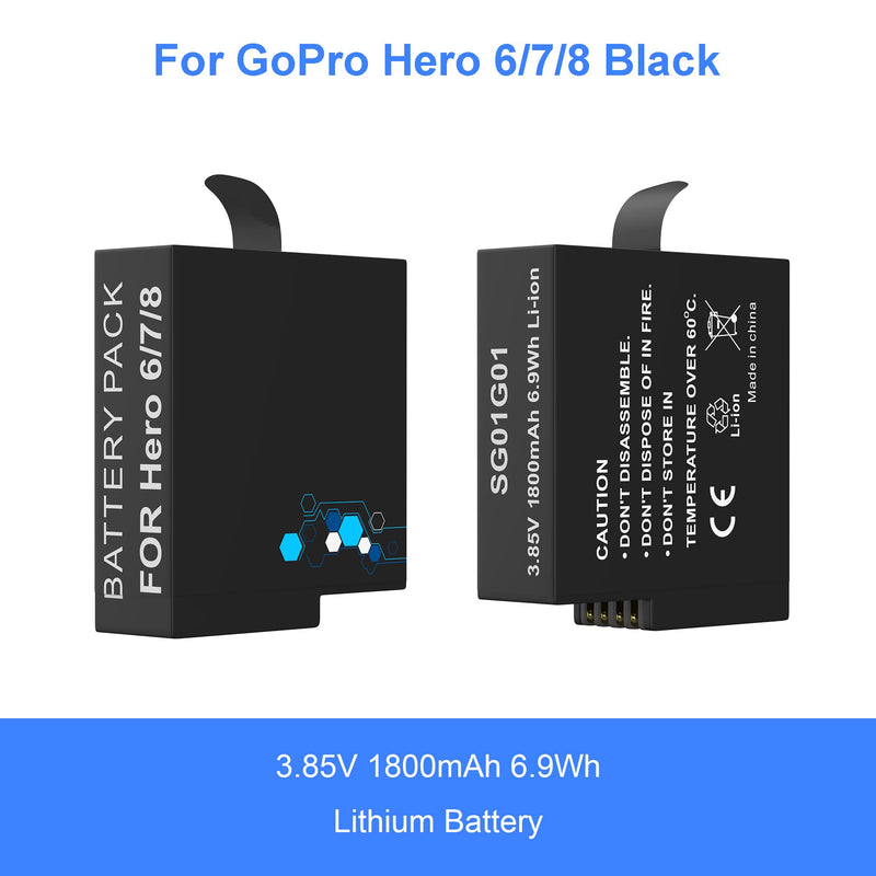  [AUSTRALIA] - 2 Pack 1800mAh Batteries for GoPro Hero 8 Hero 7 Hero 6, 3-Channel Fast Battery Charger Station with Battery Digital LCD Display and Micro SD Card Reader Function 2 Pack Batteries for Hero 6/7/8