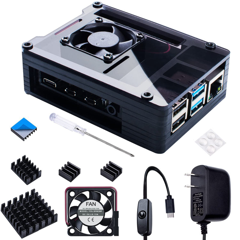  [AUSTRALIA] - Smraza Compatible with Raspberry Pi 4 Case, Acrylic Case with 35 x 35 mm Cooling Fan, 4PCS Heatsinks, 5.1V 3A USB-C Power Supply for Raspberry Pi 4 Model B (Upgrade, Large Fan and Large Heat Sinks)