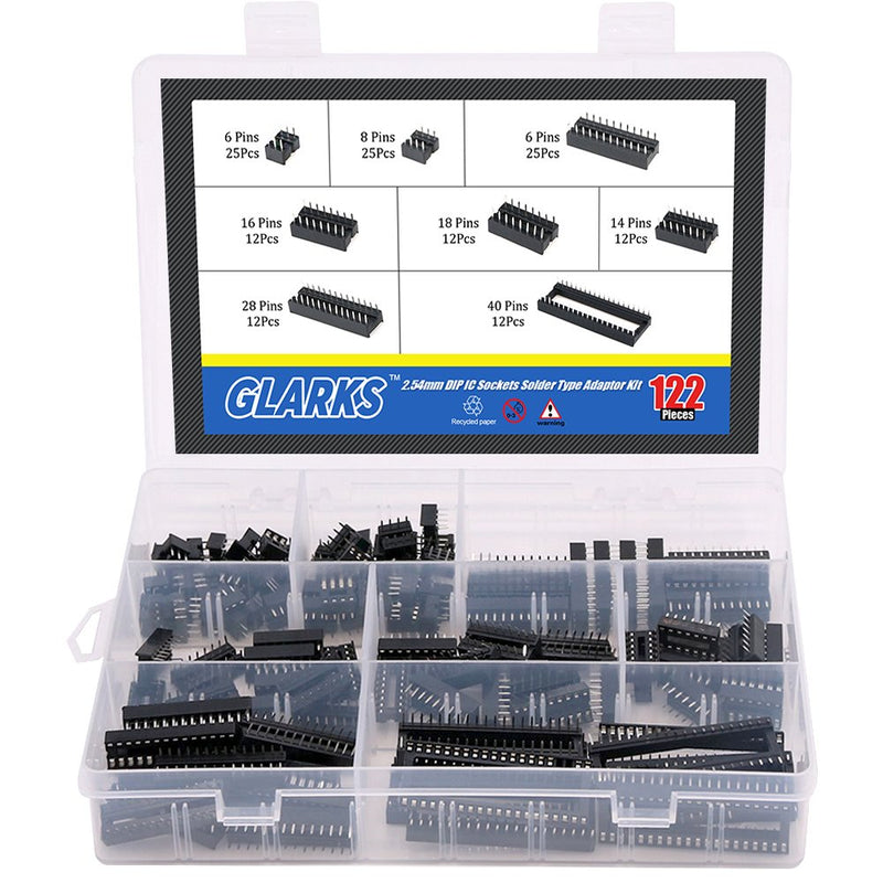  [AUSTRALIA] - Glarks 122pcs 2.54mm Pitch DIP IC Sockets Solder Version Adapter Assortment Kit (6/8/14/16/18/24/28/40 Pins)