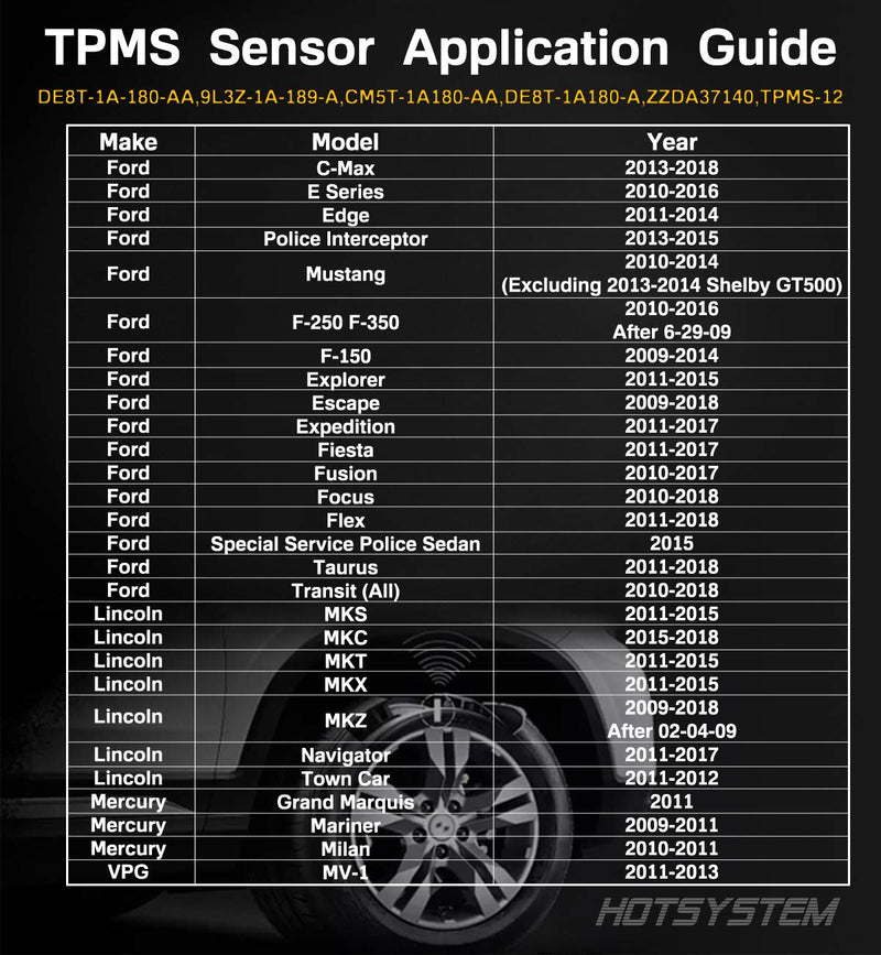 HOTSYSTEM DE8T-1A-180-AA,9L3Z-1A-189-A,CM5T-1A180-AA,DE8T-1A180-A,ZZDA37140,TPMS-12 OEM Tire Pressure Monitoring Sensor TPMS for Ford Lincoln Mercury (4-Pack) 4-pack TPMS 12 - LeoForward Australia