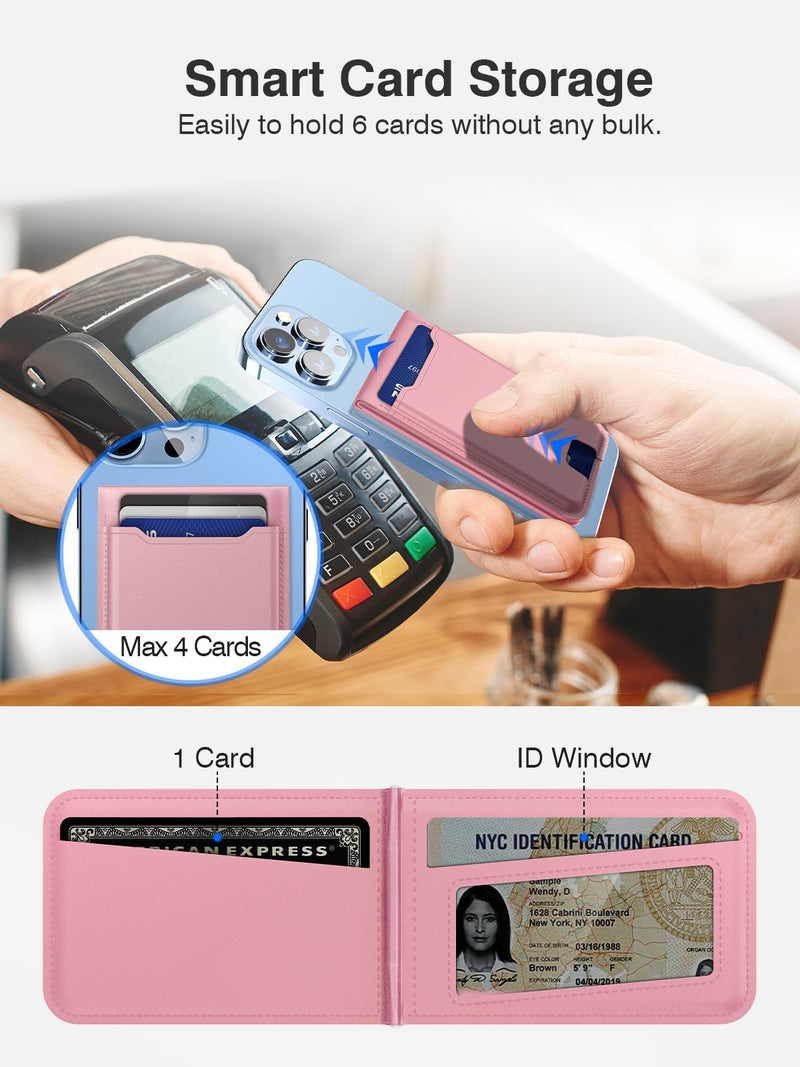  [AUSTRALIA] - TopMade for Magsafe Wallet, Magnetic Wallet Card Holder with Adjustable Phone Stand, Vegan Leather Magnetic Phone Wallet for iPhone 14/13/12 Series, Open ID Window, RFID Blocking, Fit 6 Cards, Pink