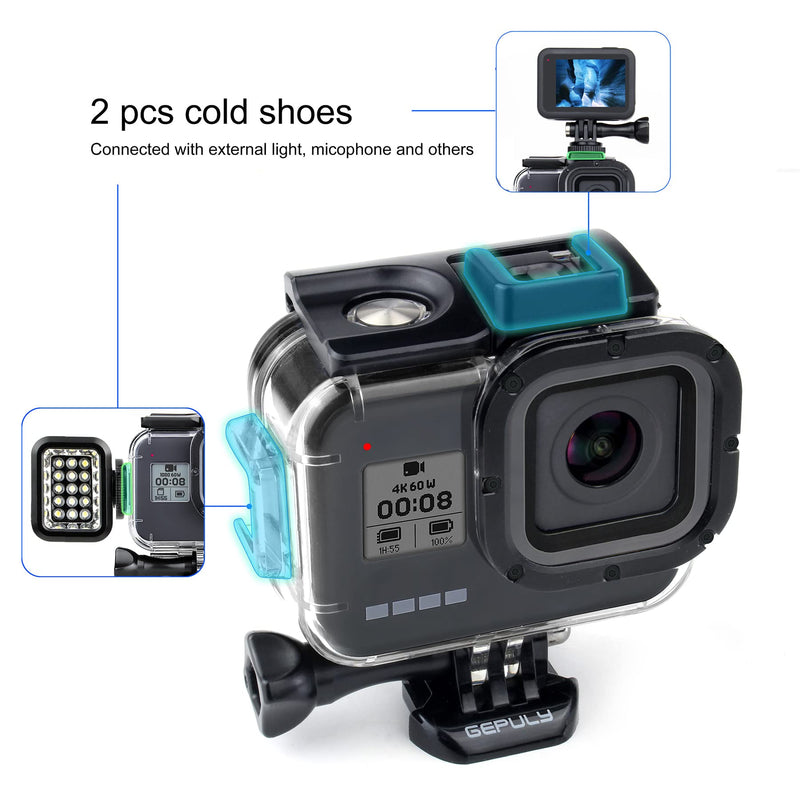  [AUSTRALIA] - GEPULY 60M(196ft) Waterproof Housing Case for GoPro Hero 8 Black,Protective Underwater Diving Housing Shell with 2 Cold Shoe Adapters Bracket Accessories for GoPro Hero 8 Black Action Camera Housing Case for Hero 8 Black