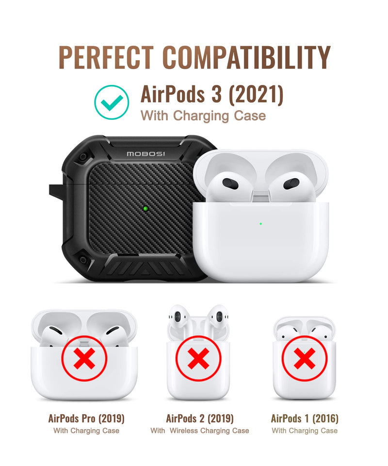  [AUSTRALIA] - MOBOSI Compatible with AirPods 3 Case (2021), Secure Lock Clip Full Body Rugged Hard Shell Protective Case Cover with Keychain for AirPod 3rd Generation Charging Case, Black