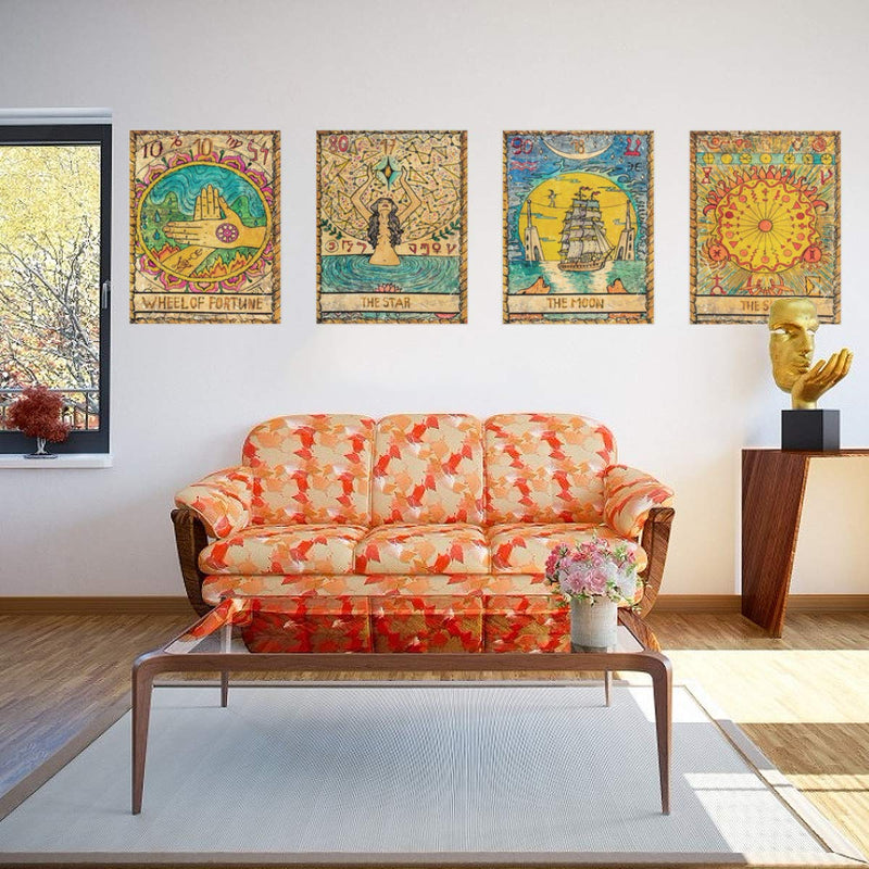  [AUSTRALIA] - ANPHSIN 4 Pcs Tarot Tapestry- Astrology Europe Divination Tapestry- Wheel of Fortune, The Sun, The Moon, The Star Mysterious Medieval Wall Hanging Tapestries for Home Room Decor 4pcs