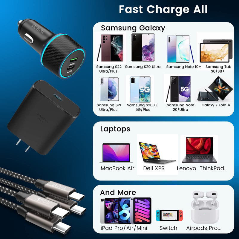  [AUSTRALIA] - S22 Ultra Charger Type C Kit, SCRUAK 45W PPS Super Fast USB-C Wall/Car Charger for Samsung Galaxy S22 Ultra/S22+/S22/S21/S20/Note 20/Note 10+, Tab S8/S8+, Z Fold 4…(with 2X 3.3FT 5A Type C Cable)